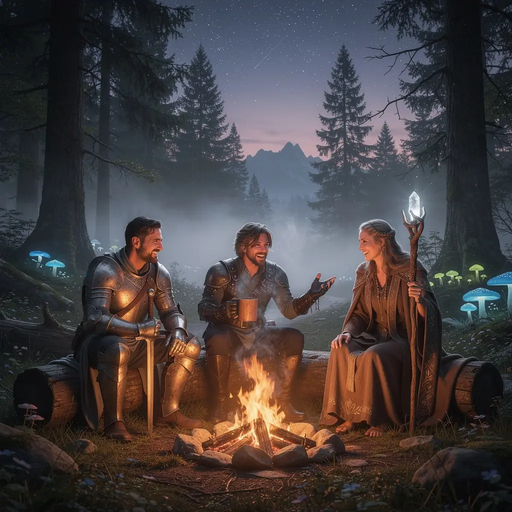 Eine mutige Kriegerin in glänzender Rüstung steht vor einem alten, magischen Tor, das in eine andere Dimension führt.