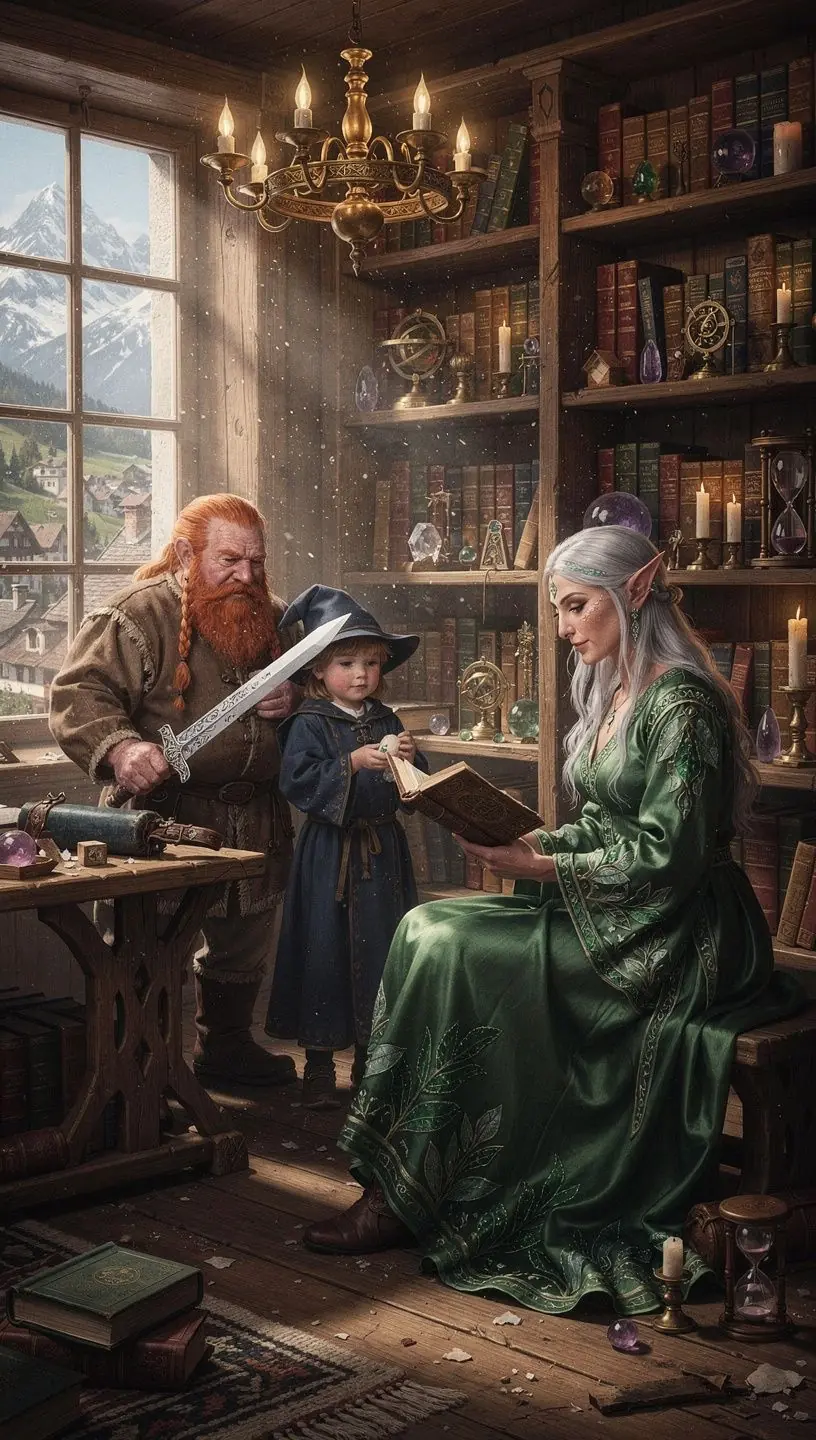 Ein majestätischer Drache fliegt über eine geheimnisvolle, von Nebel umhüllte Landschaft mit schimmernden Bergen im Hintergrund.